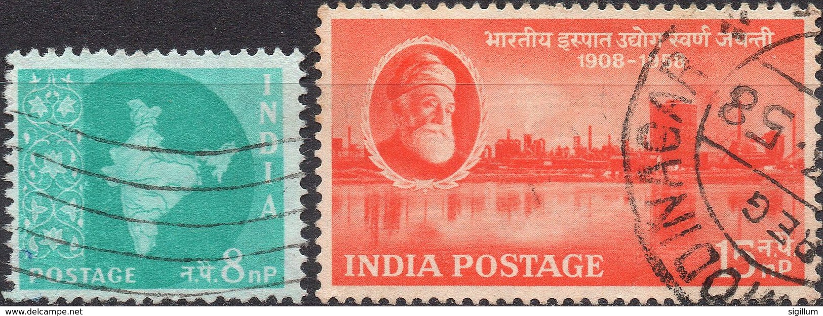 INDIA 1958 - MAPPA DELL'INDIA + INDUSTRIA ACCIAIO - 2 VALORI USATI - Usati