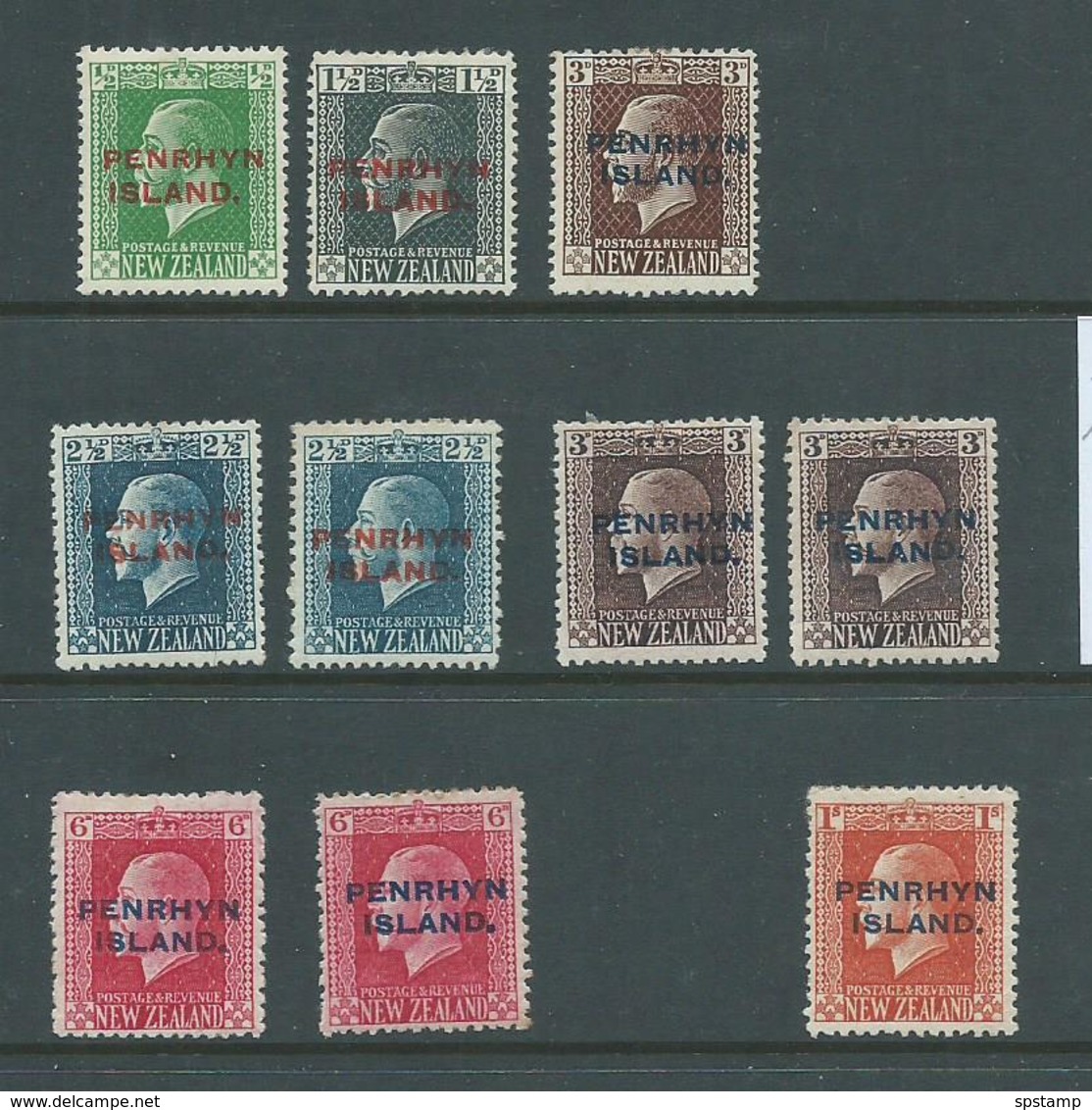 Penrhyn Island 1917 - 1920 Overprints On KGV Part Set Of 10 Including Perf Varieties Mint - Penrhyn