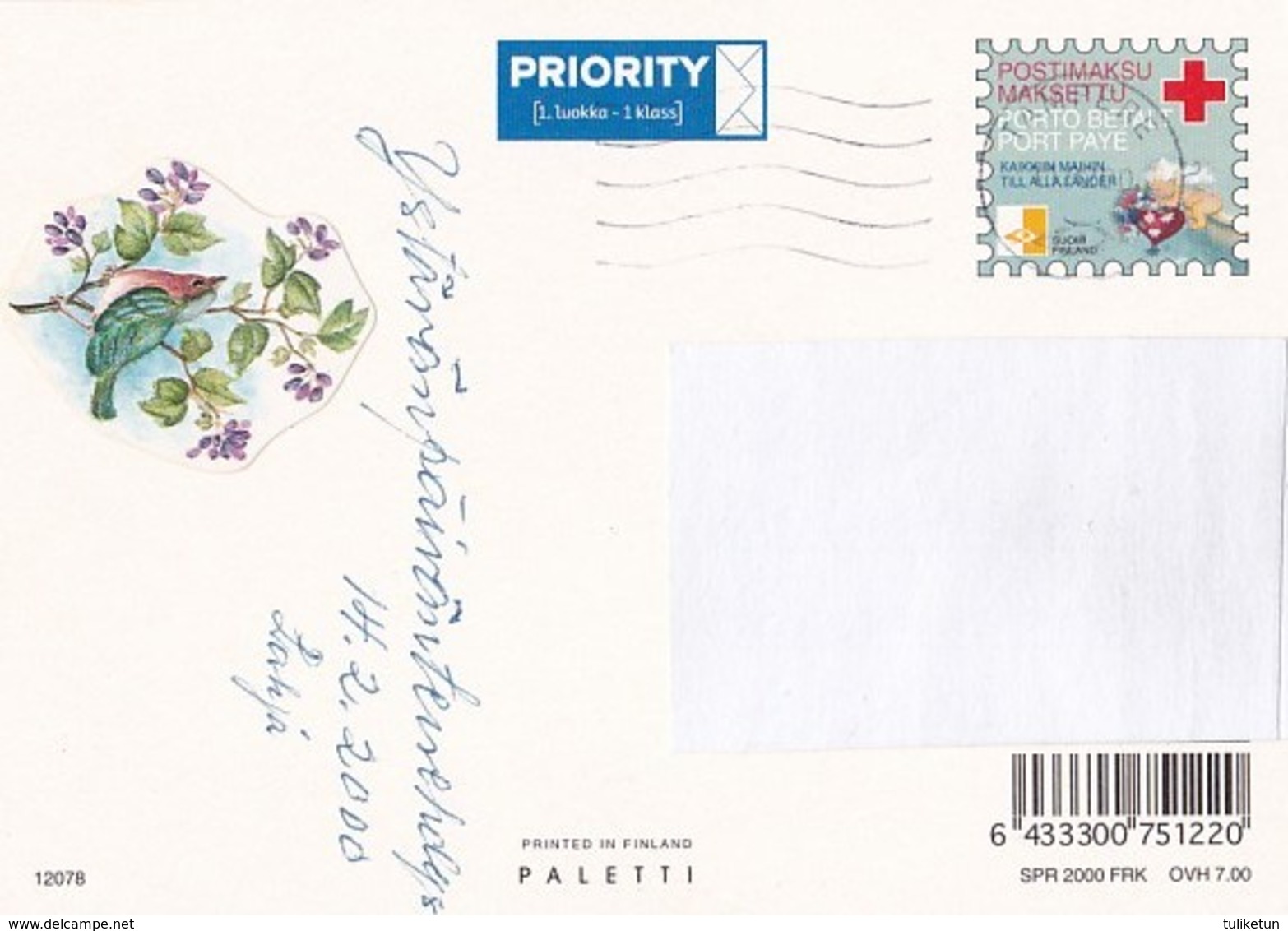 Postal Stationery - Flowers - Roses - Bird - Starling Bringing Envelope - Red Cross 2000 - Suomi Finland - Postage Paid - Interi Postali