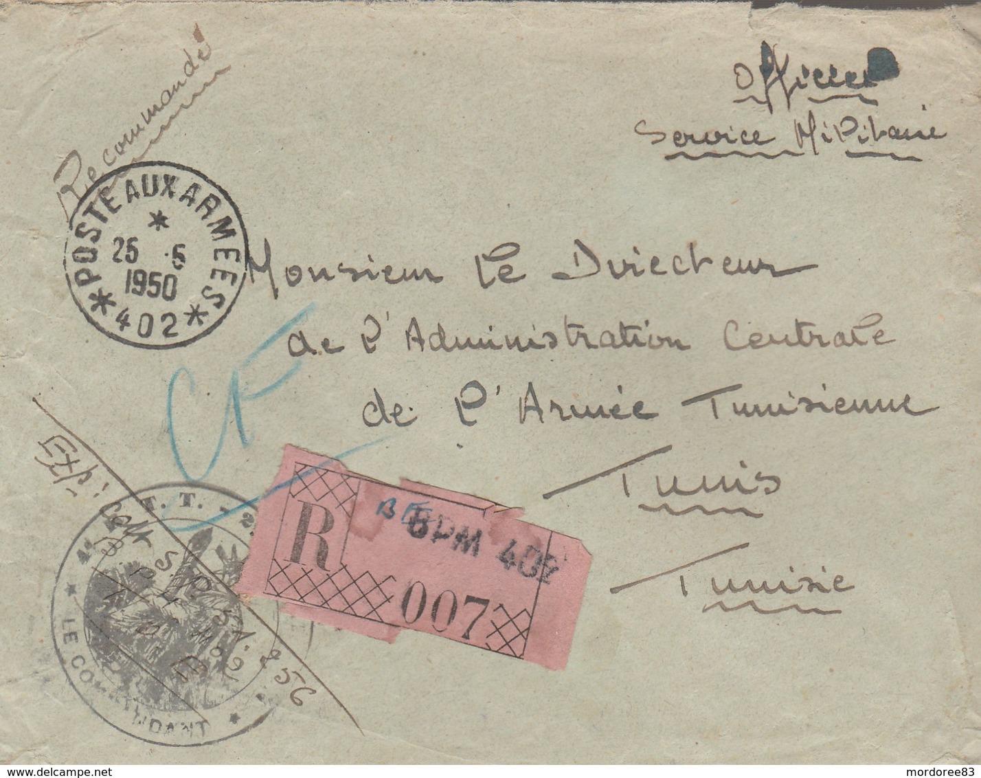 LETTRE FM REC BPM 402 - COMMANDANT SP 51256 - 4e R.T.T - POUR DIRECTEUR L A.C.A.T - TUNIS - War Of Indo-China / Vietnam