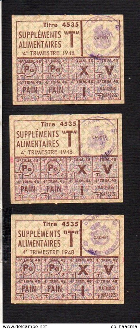 Guerre 1939/1945 / 3 Ticket(s) Ou Coupon(s) De Rationnement Supléments Alimentaires 4éme Trimestre 1948 / Cachet Caen - Documents