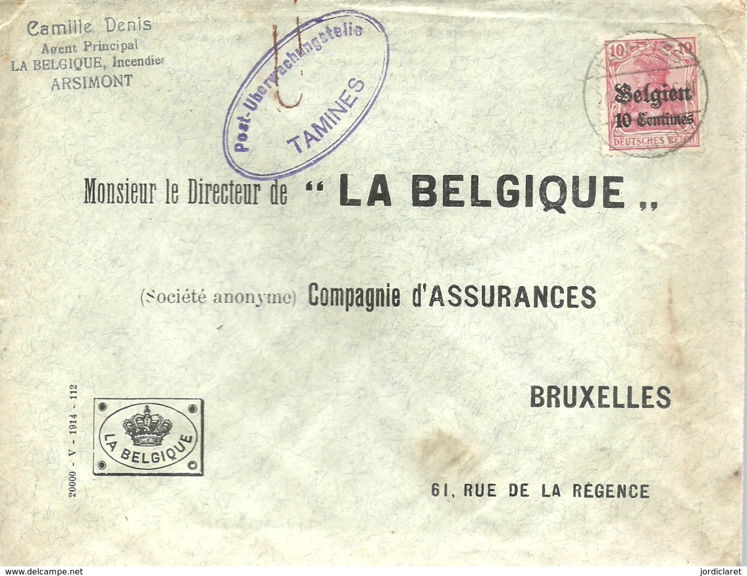 LETTER 1916  CENSOR   TAMINES - OC38/54 Occupazione Belga In Germania
