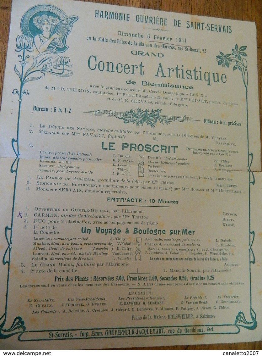 SAINT SERVAIS:TRES RARE PROGRAMME DE L'HARMONIE OUVRIERE -GRAND CONCERT ARTISTIQUE DU DIMANCHE 5 FEVRIER 1911-AVEC PUBLI - Programmes