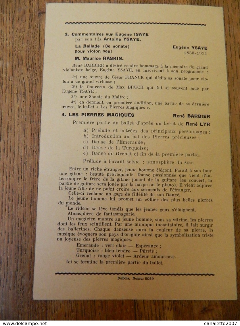 NAMUR:TRES RARE PROGRAMME DU CONCERT DE EUGENE YSAYE AVEC PHOTO AU THEATRE ROYAL LE LUNDI 27 AVRIL 1959 - Programs