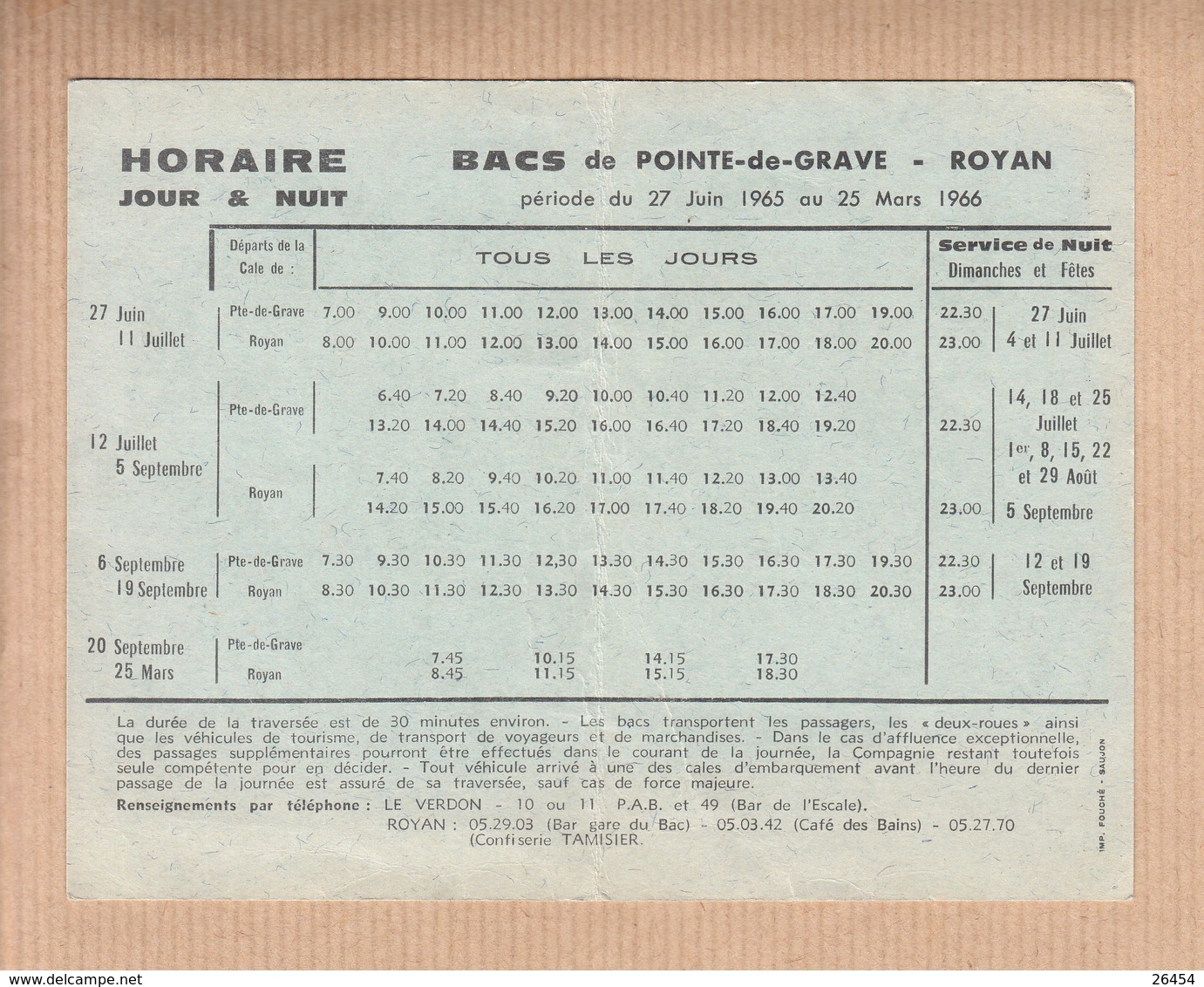 Carte Des Horaires Des Passages BATEAUX  " POINTE De GRAVE- ROYAN "  1965 à 1966 - Autres & Non Classés