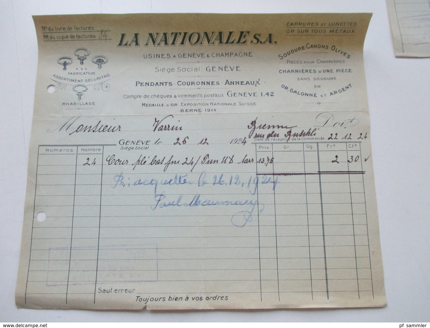 Schweiz 1924 / 26 4 Rechnungen La Nationale S.A. Usines a geneve & Champagne Fabrication Assortiment Securitas