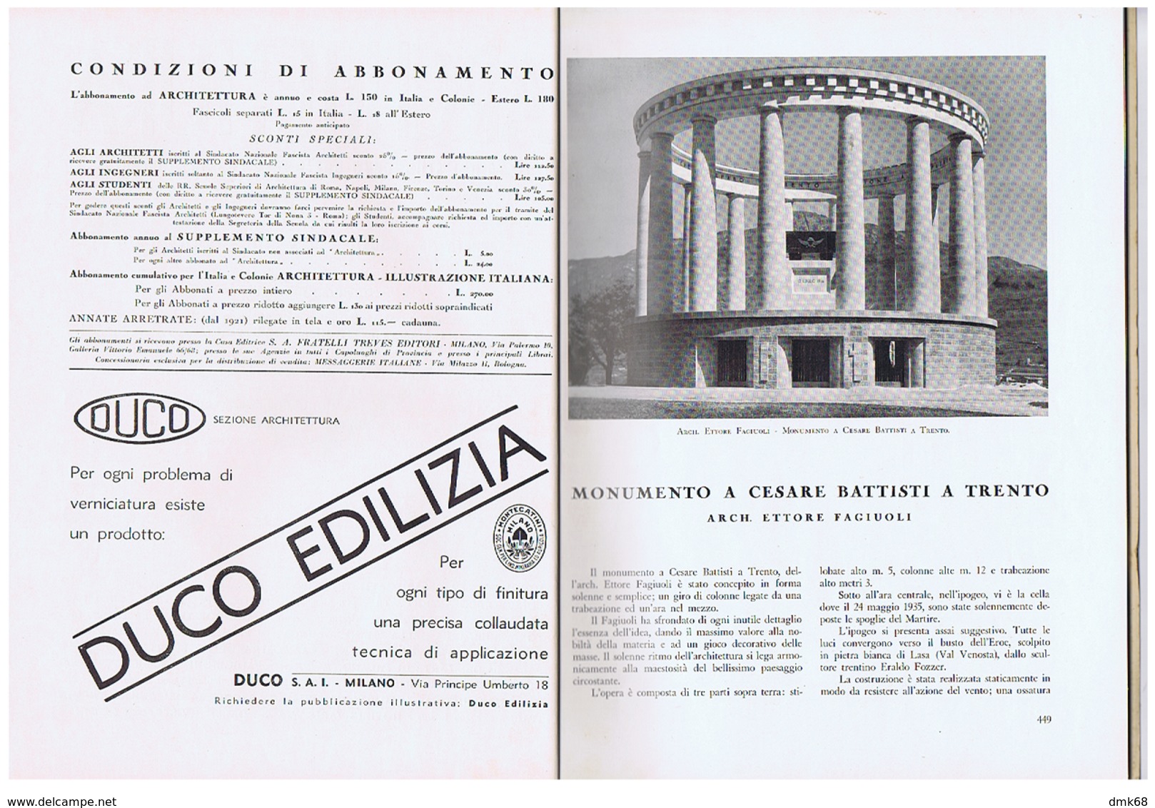 ARCHITETTURA / FASCISMO - MASSIMO PIACENTINI - 1935 - TRENTO / TORRE LITTORIA MILANO / MOSTRA SPORT ITALIANO A MILANO - Art, Design, Décoration