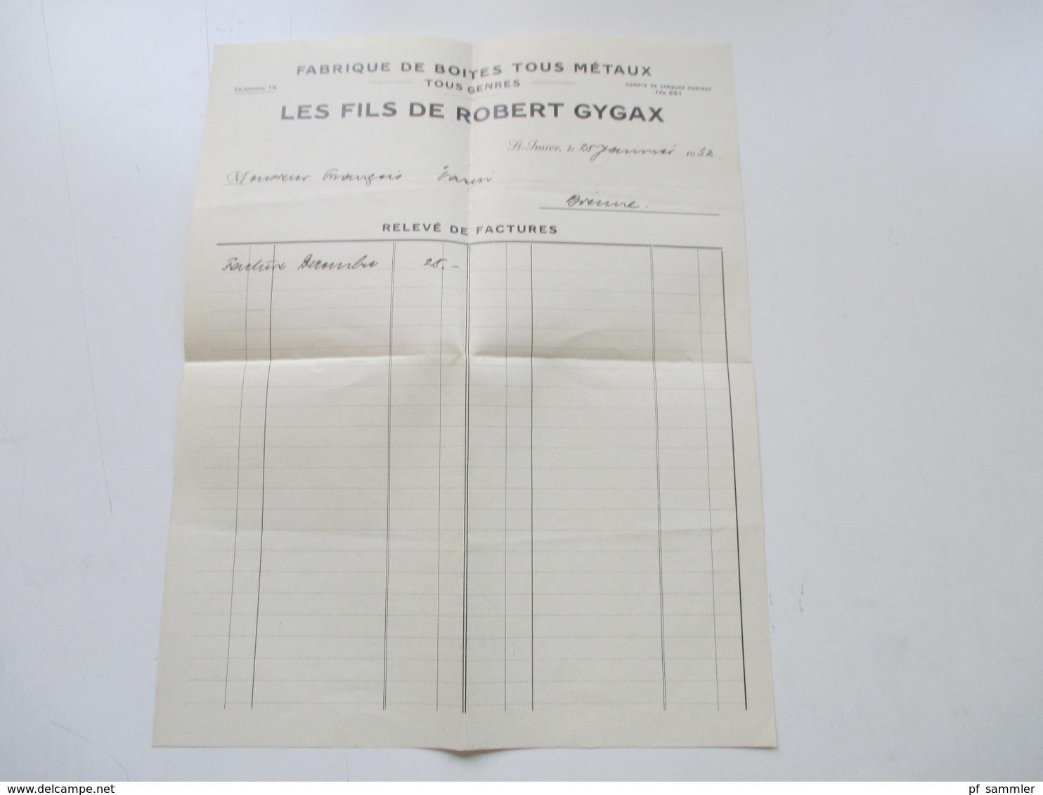 Schweiz 1932 Dokument / Rechnung Fabrique De Boites Tous Metaux Tous Genres Les Fils De Robert Gygax St. Imier - Suisse