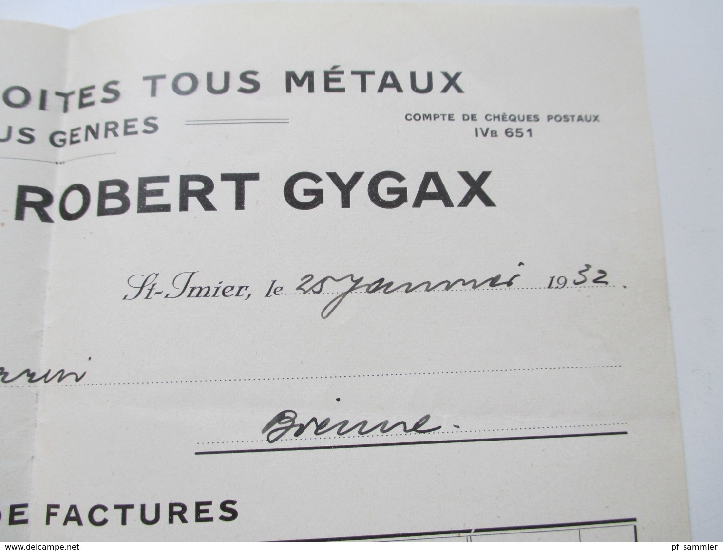 Schweiz 1932 Dokument / Rechnung Fabrique De Boites Tous Metaux Tous Genres Les Fils De Robert Gygax St. Imier - Switzerland