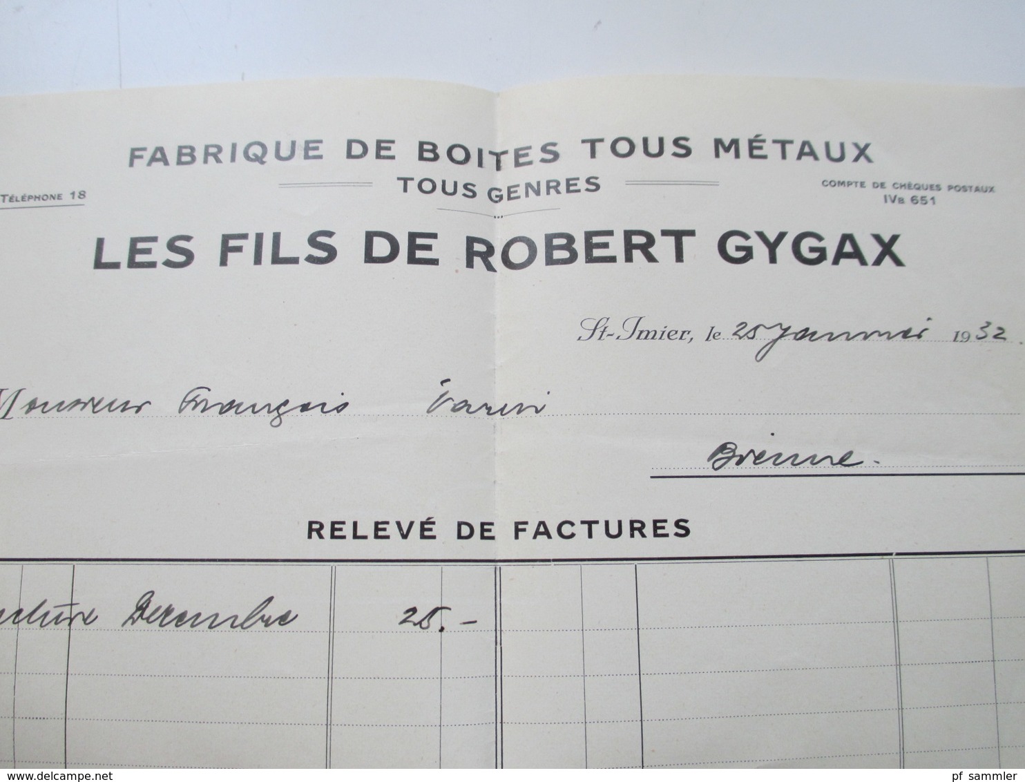 Schweiz 1932 Dokument / Rechnung Fabrique De Boites Tous Metaux Tous Genres Les Fils De Robert Gygax St. Imier - Suisse