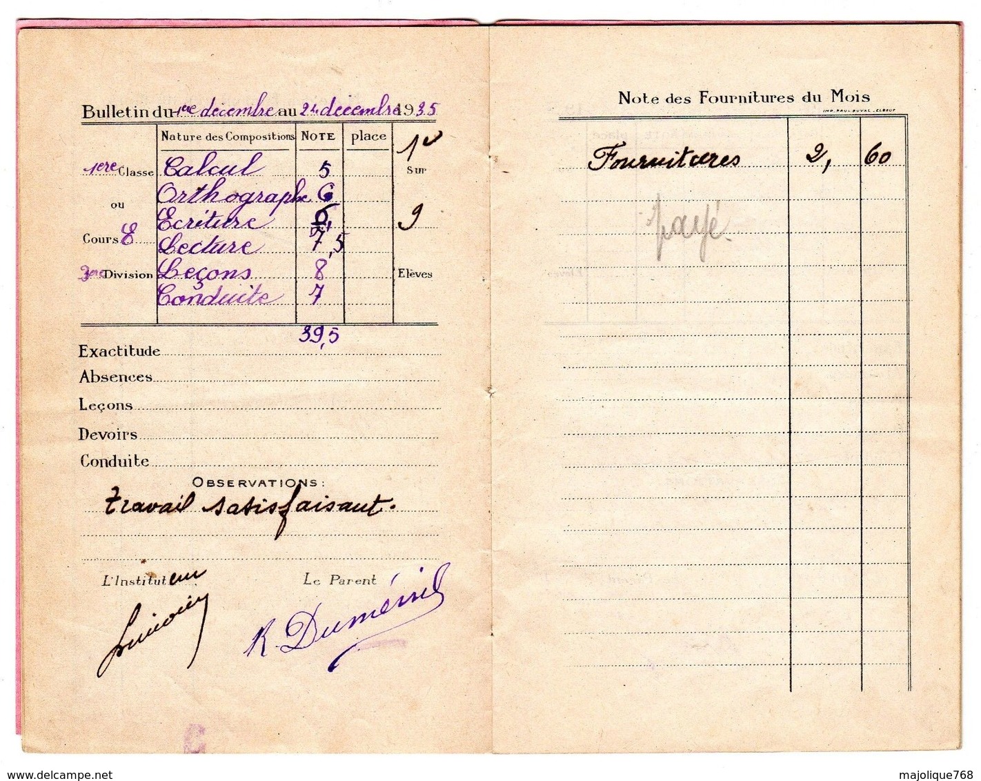 Ancien Carnet De Correspondance De L'école De Nolléval 1935/36 En Seine Maritime - Diplomi E Pagelle