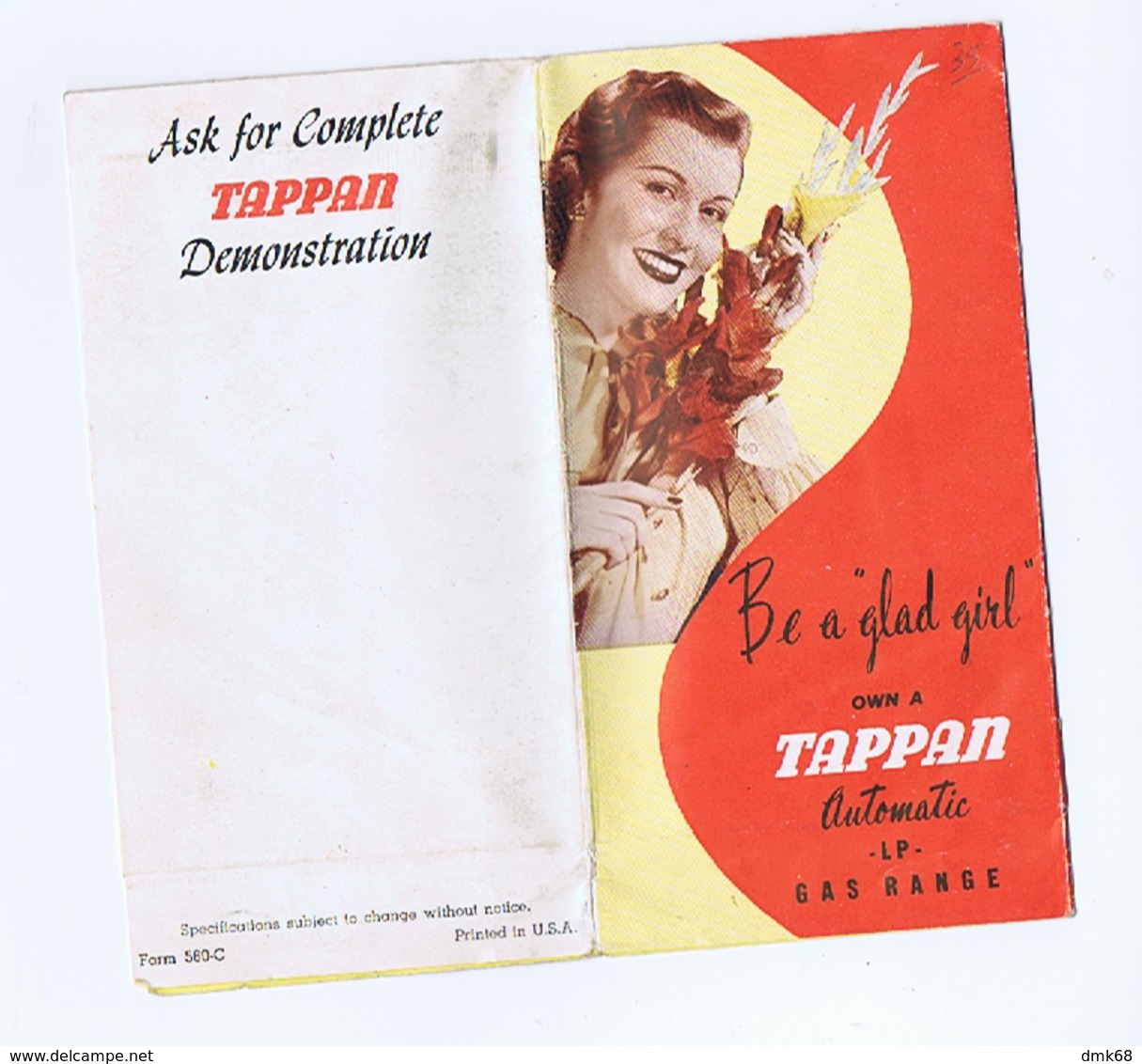 TAPPAN AUTOMATIC LP GAS RANGE - BE A GLAD GIRL -  VINTAGE DEPLIANT - 1950s/60s - Dépliants Touristiques