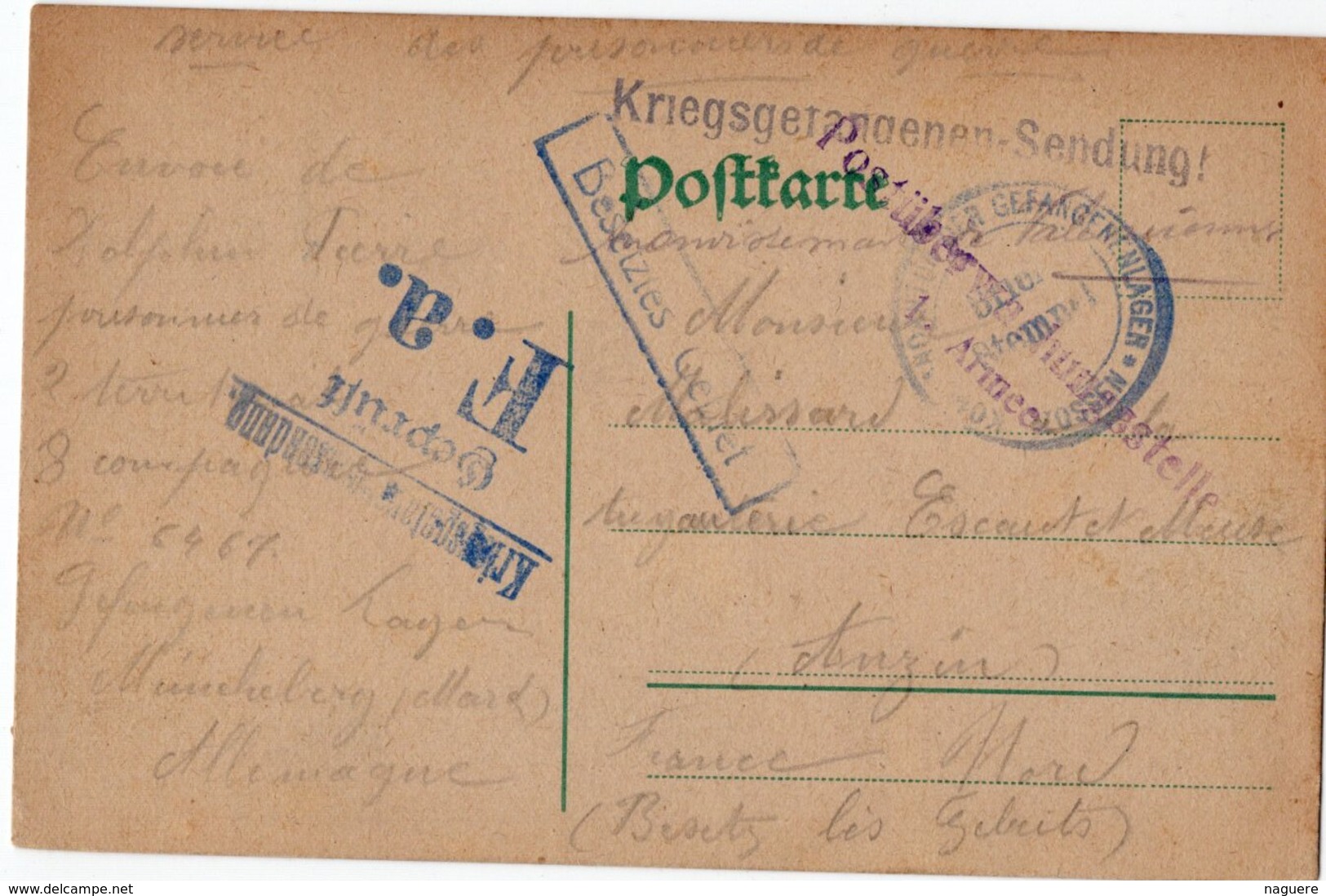 FRANCHISE MILITAIRE   CARTE PRISONNIER DE GUERRE 1916 - Lettres & Documents