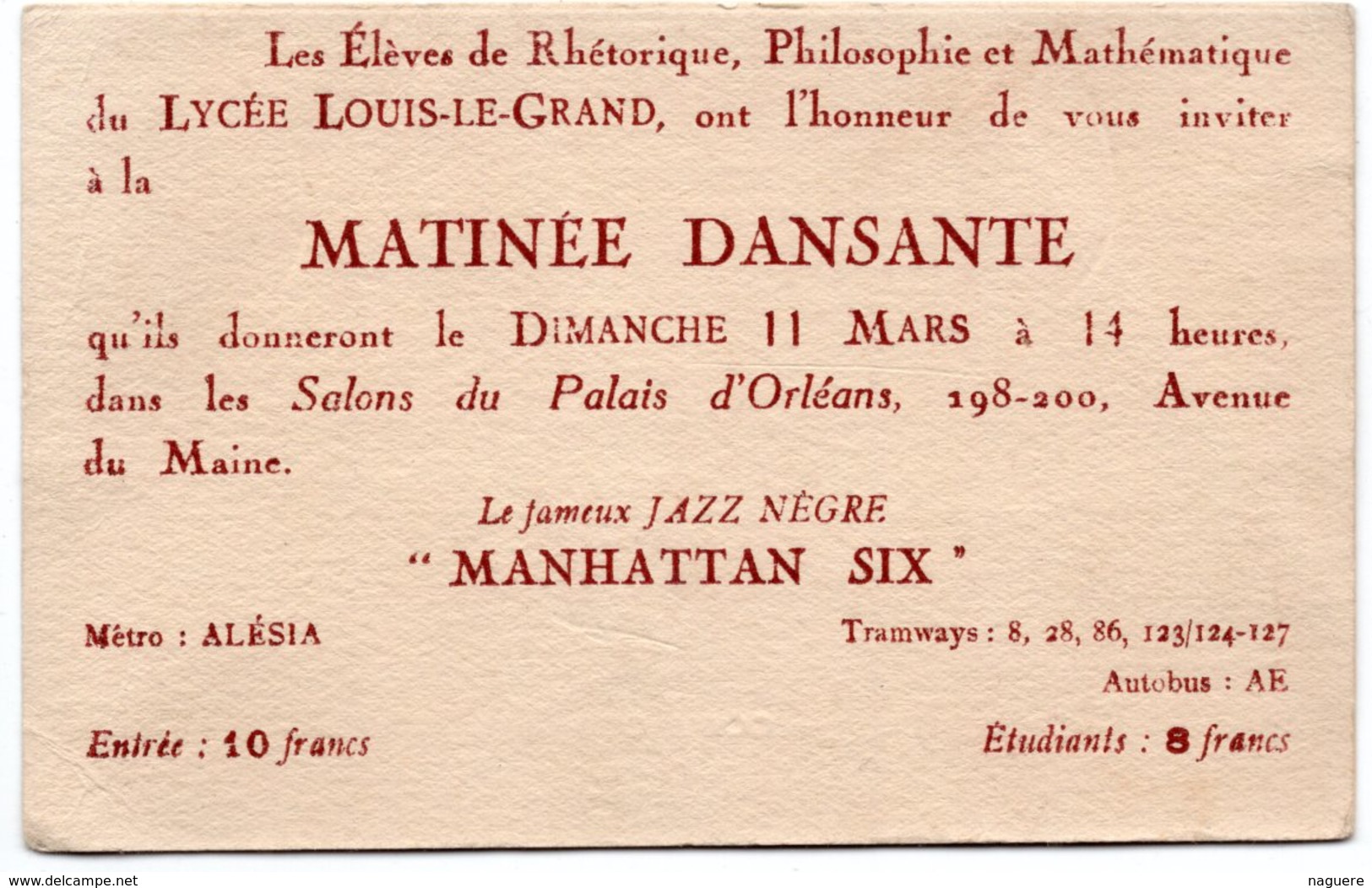 PARIS 06   MEUBLES RUSTQUES  M LAMOUREUX  AU DOS MATINEE DANSANTE LE FAMEUX JAZZ NEGRE MANHATTAN SIX LYCEE LOUIS LEGRAND - Publicidad