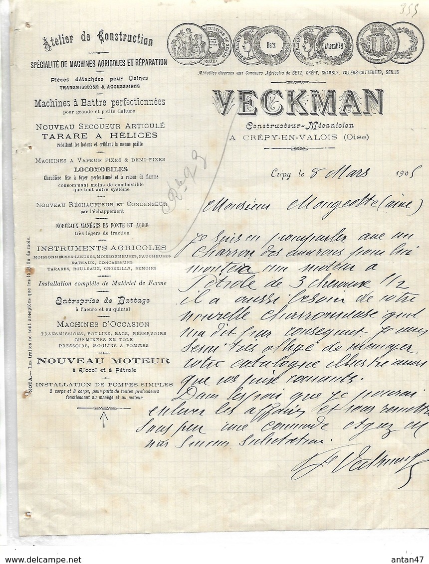 Facture 1905 / OISE / CREPY EN VALOIS / VECKMAN Constructeur Mécanicien / Tarare Hélices, Moteur Alcool Et Pétrole - 1900 – 1949