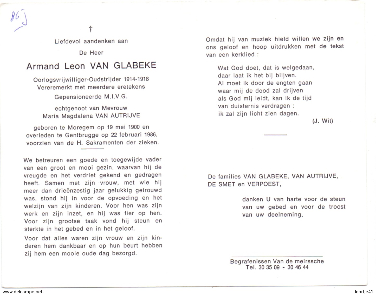 Devotie - Doodsprentje Overlijden - Oudstrijder - Armand Van Glabeke - Moregem 1900 - Gentbrugge 1986 - Décès