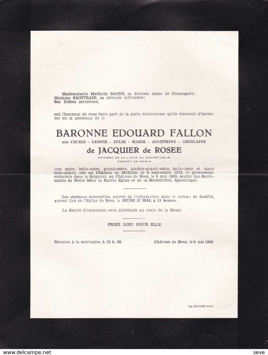 Château De MOULINS Château De BEEZ Cécile De JACQUIER De ROSEE Baronne Edouard FALLON  1872-1960 2 Volets Complets - Décès