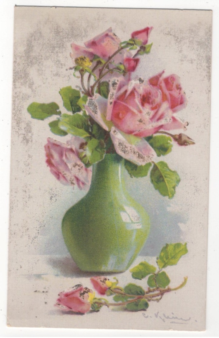 C Klein Pink Roses In Vase Vintage Art Postcard WHB - Klein, Catharina