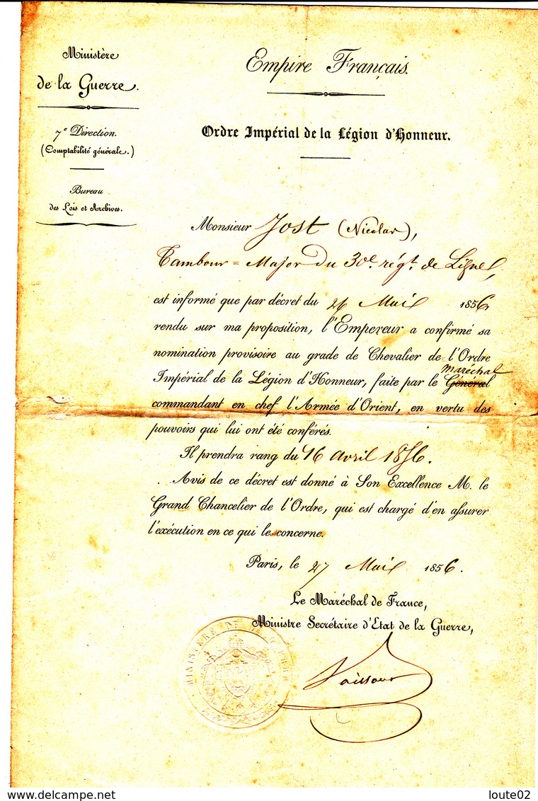 Ordre Imperial De La Legion Honneur 1856 - Documenti Storici