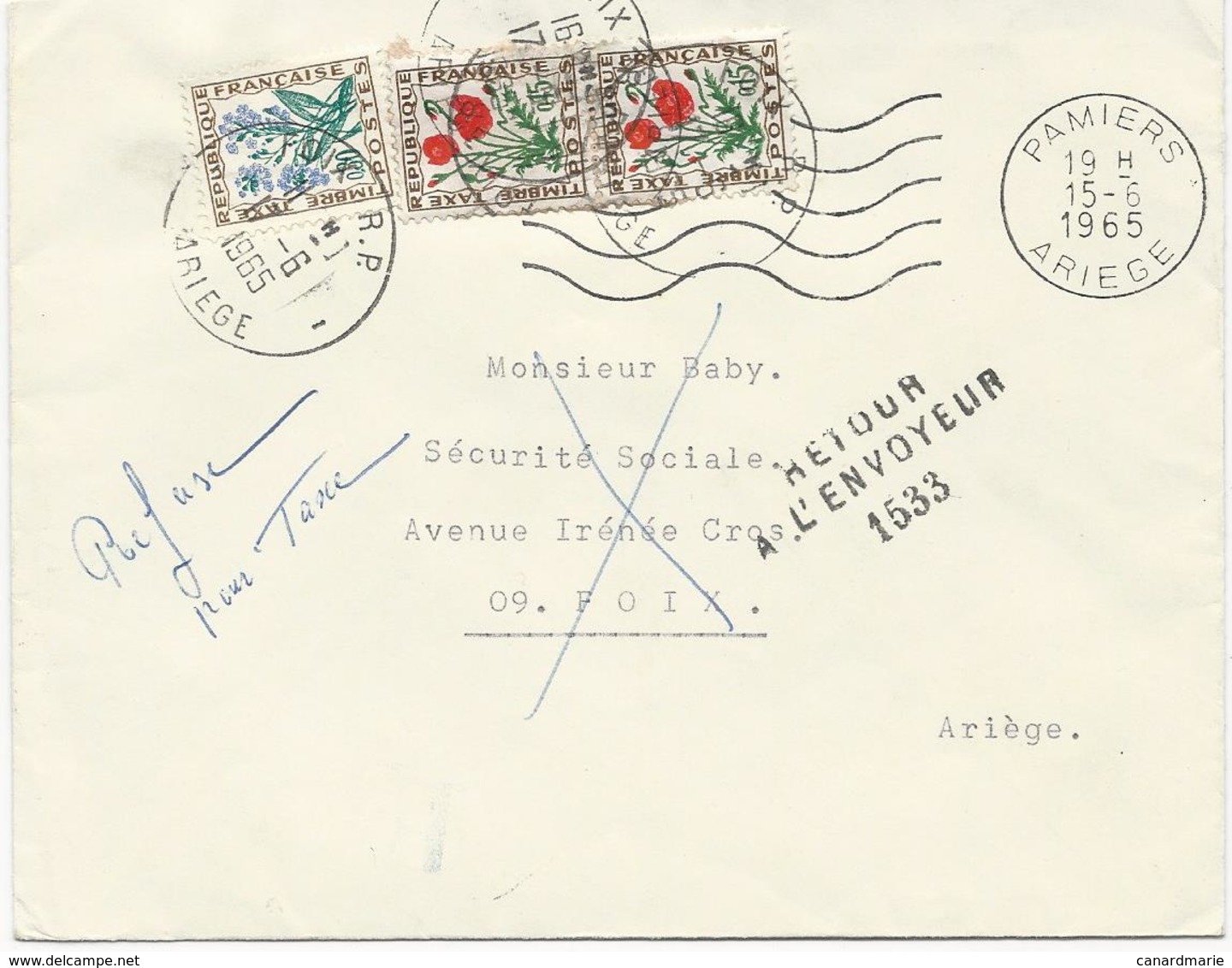 LETTRE 1965  AVEC 3 TIMBRES TAXE TYPES FLEURS ET CACHET RETOUR A L'ENVOYEUR 1533 - 1859-1959 Lettres & Documents