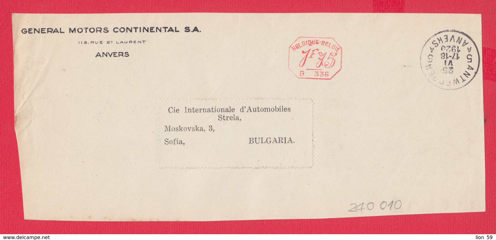 240010 / Belgium - ANVERS 1929 - 1.75 F. (B. 336) - GENERAL MOTORS CONTINENTAL S.A. - Meter Stamp EMA (Printer Machine) - Autres & Non Classés