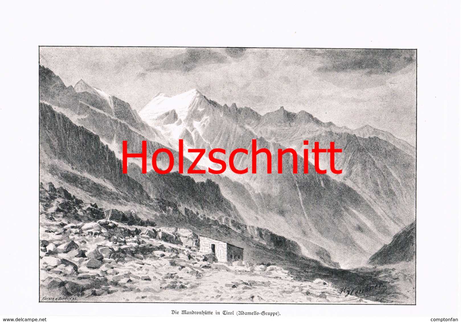 043 Heubner: Mandronhütte Alpenverein Adamello Großbild HS 1891!! - Stiche & Gravuren