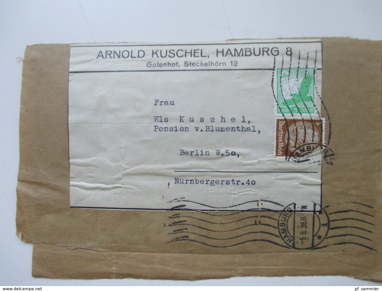 3. Reich 1936 Streifbänder Flugpostmarke Nr. 529 MiF Arnold Kuschel Hamburg Nach Berlin Gesendet - Briefe U. Dokumente