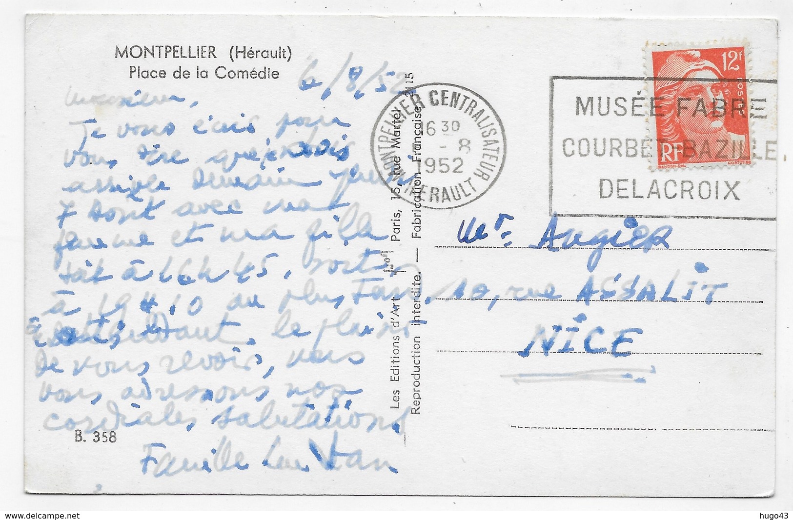 (RECTO / VERSO) MONTPELLIER EN 1952 - PLACE DE LA COMEDIE AVEC VIEILLES VOITURES - BELLE FLAMME - FORMAT CPA VOYAGEE - Montpellier