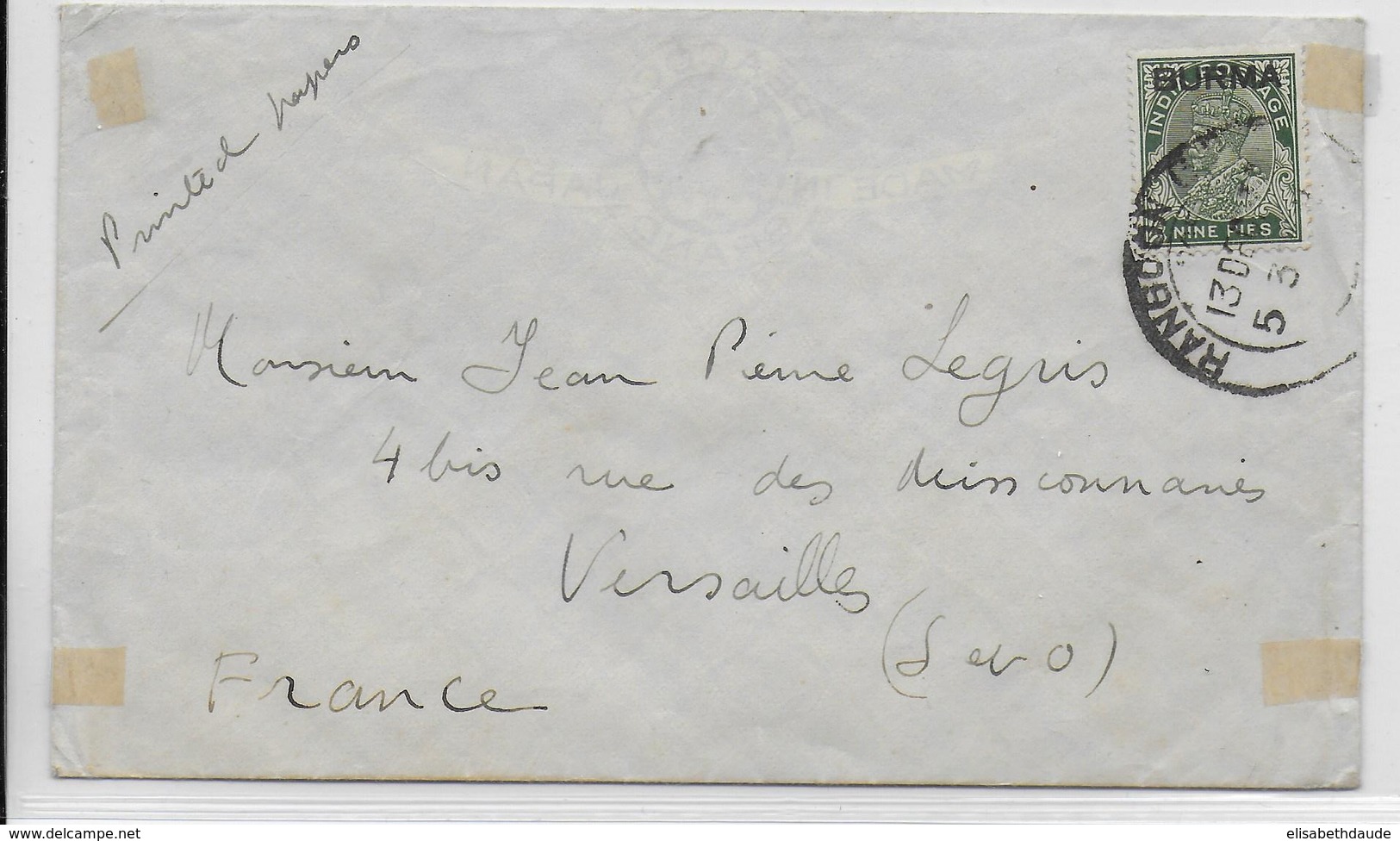 BURMA - 1937 - TIMBRE INDIA SURCHARGE "BURMA" Sur ENVELOPPE De RANGOON  => VERSAILLES - Birmanie (...-1947)