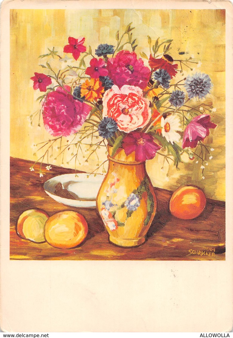 3268 "VASO CON FIORI E FRUTTI-DIPINTO COLLA BOCCA DI J. SCHRICKER  " CART. POS. ORIG. SPEDITA 1965 - Pittura & Quadri