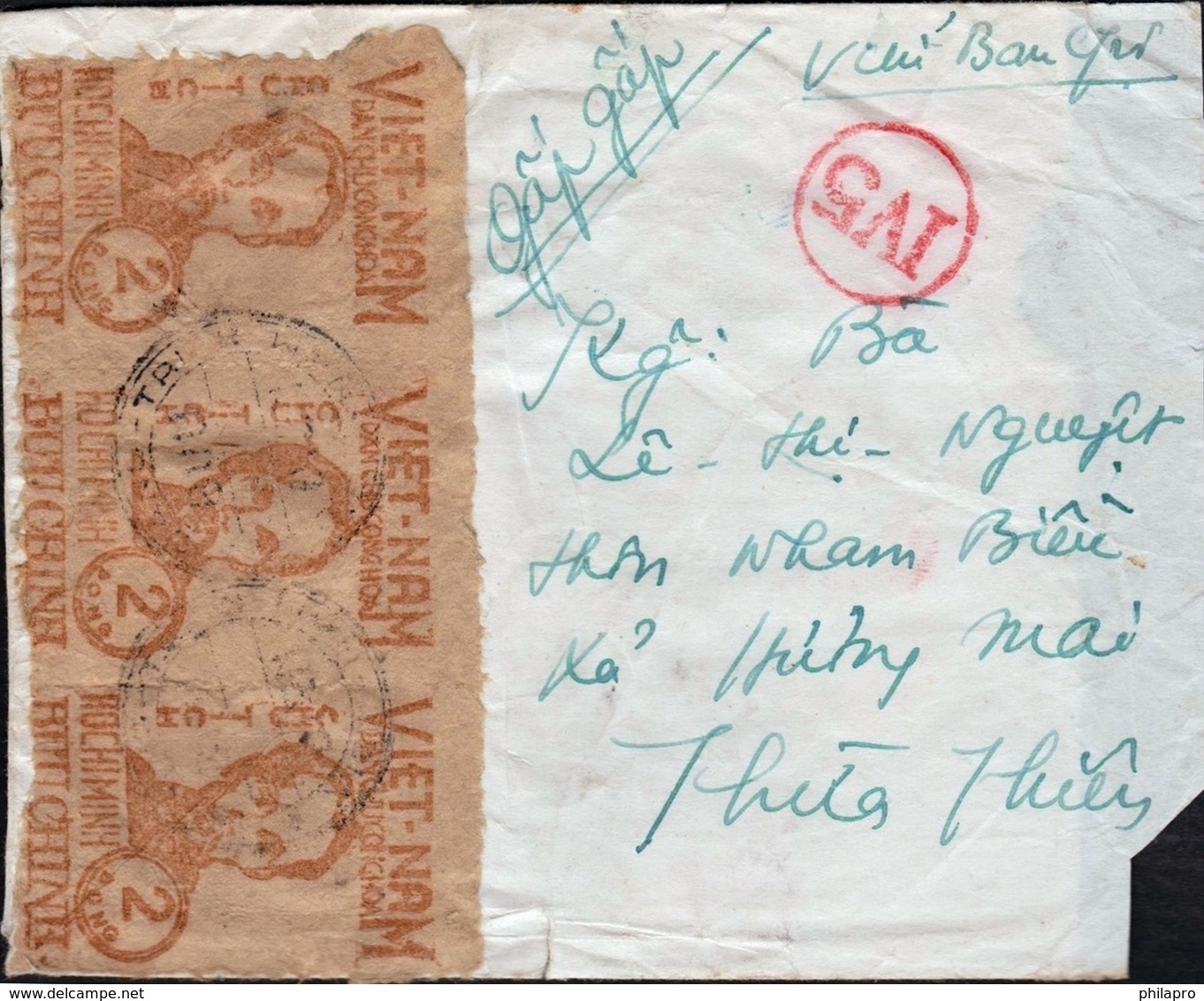 North VIETNAM Handmade COVER "URGENT"  Strip Of 3 Stamps(2D X3=6 Dong) From  QUANG-TRI  To  THUA-THIEN   RARE - Viêt-Nam