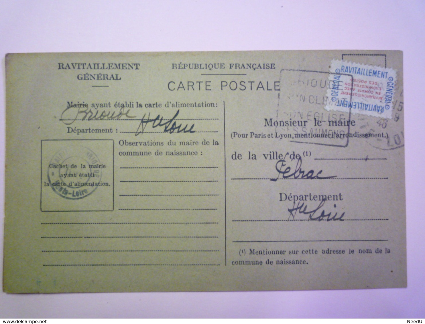 GP 2019 - 929  BRIOUDE  (Haute-Loire)  :  Carte De Ravitaillement  -  FICHE De CONTRÔLE Avec Timbre  1916   XXXX - Sin Clasificación