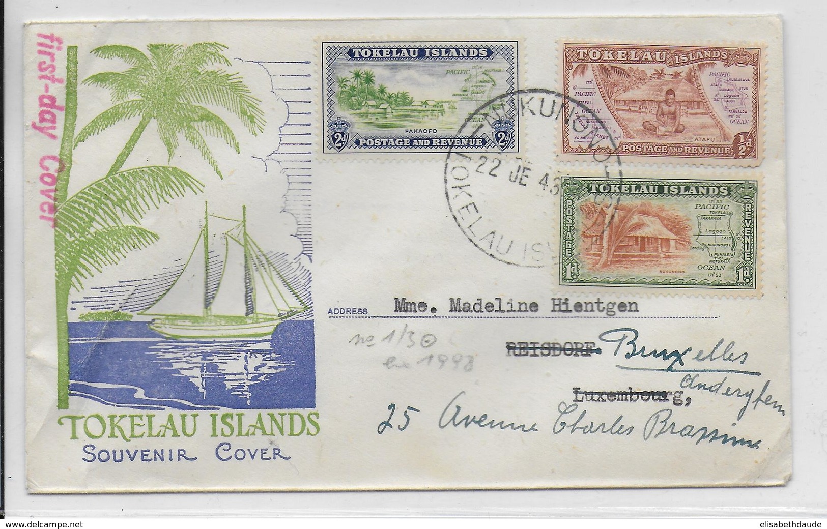 TOKELAU - 1948 -  ENVELOPPE FDC De NUKUNONO => REISDORF (LUXEMBOURG) READRESSEE à BRUXELLES (BELGIQUE) - Other & Unclassified