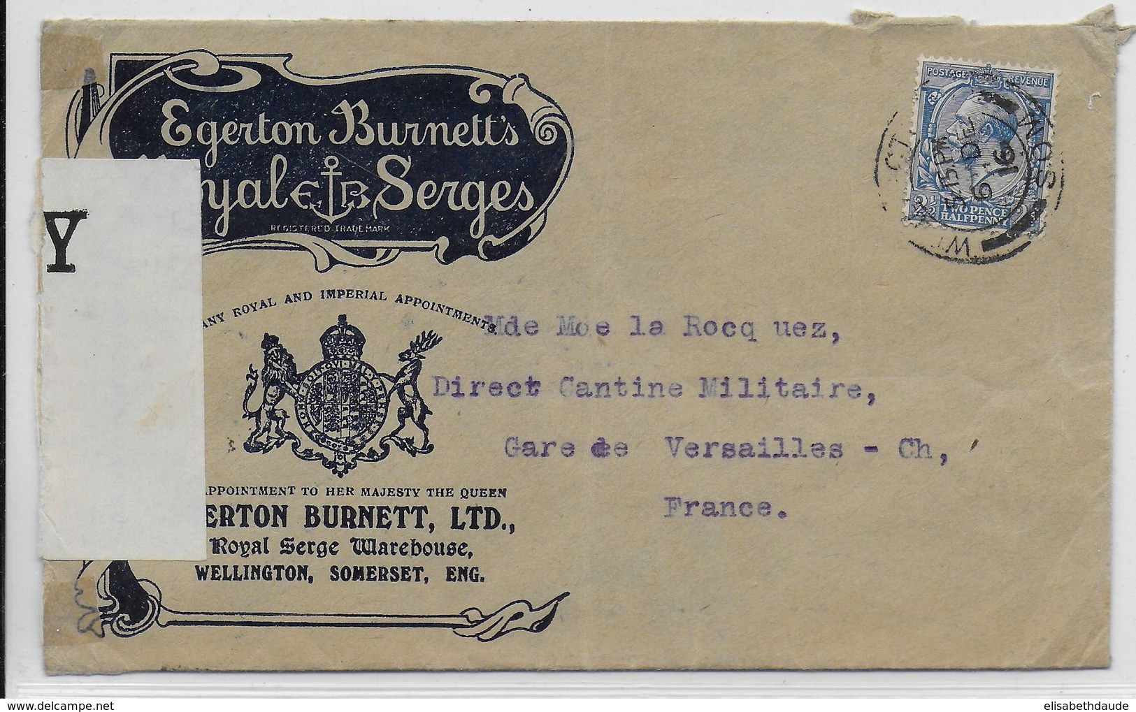 GB - 1916 -  ENVELOPPE ILLUSTREE PUBLICITAIRE De WELLINGTON SOMERSET Avec CENSURE => VERSAILLES - Lettres & Documents