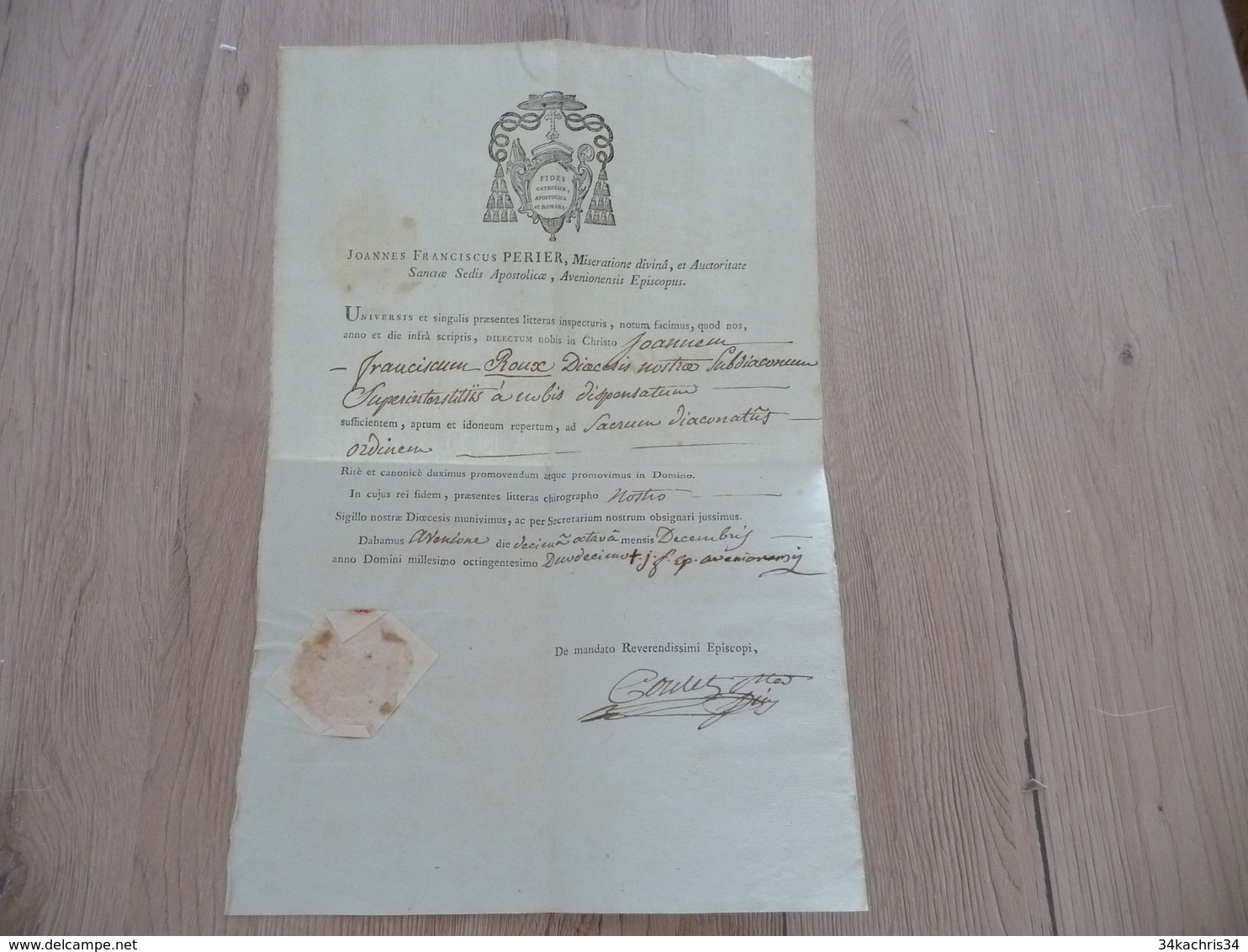 Religion Attestation Attestazione Formule Signée Autographe Sceau Joannes Franciscus Perier 1822? - Religión & Esoterismo