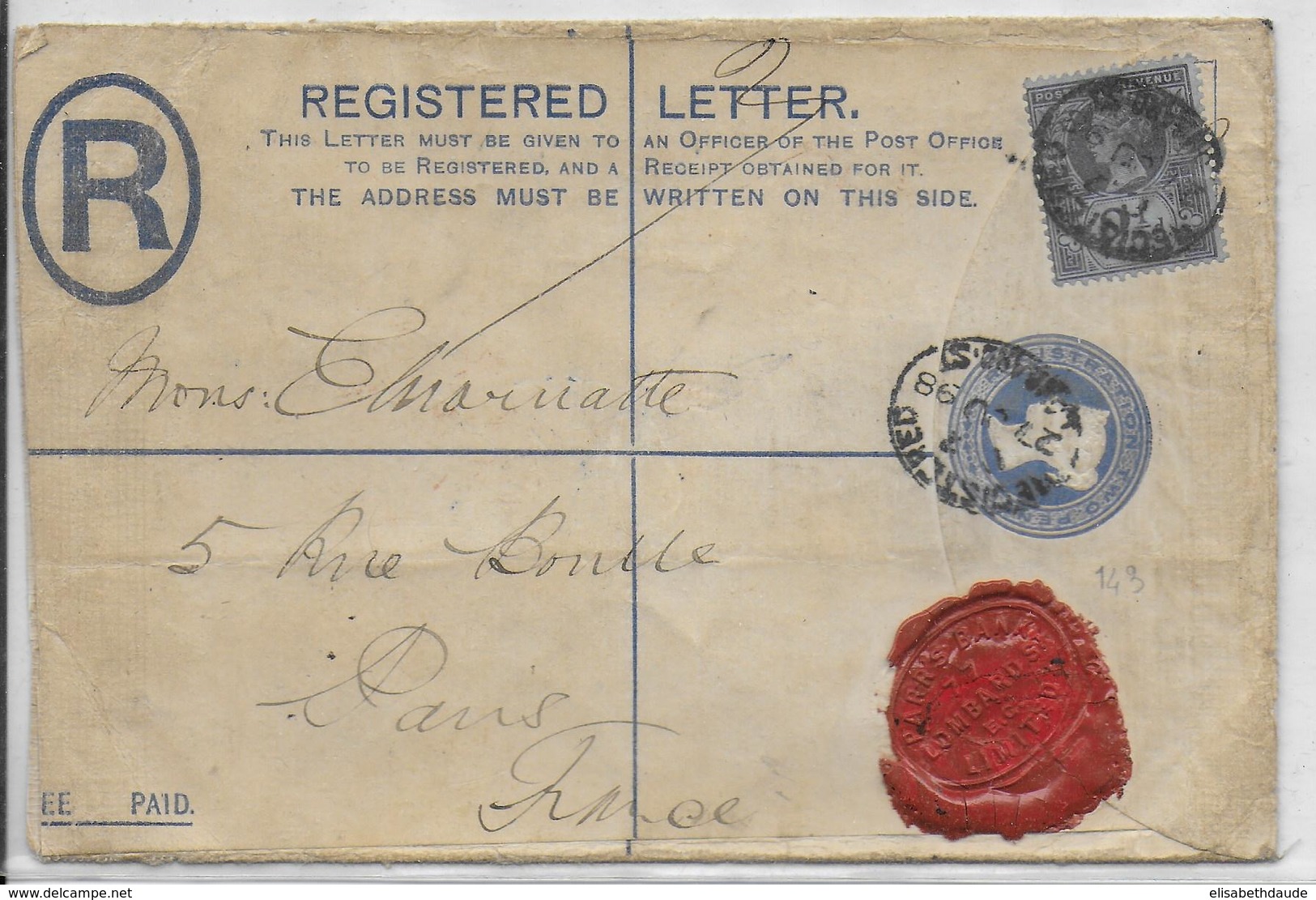 GB - 1898 - ENVELOPPE RECOMMANDEE ENTIER POSTAL De LONDRES Avec ETIQUETTE Des NIVEAUX D'ASSURANCE COLLEE VERSO => PARIS - Briefe U. Dokumente