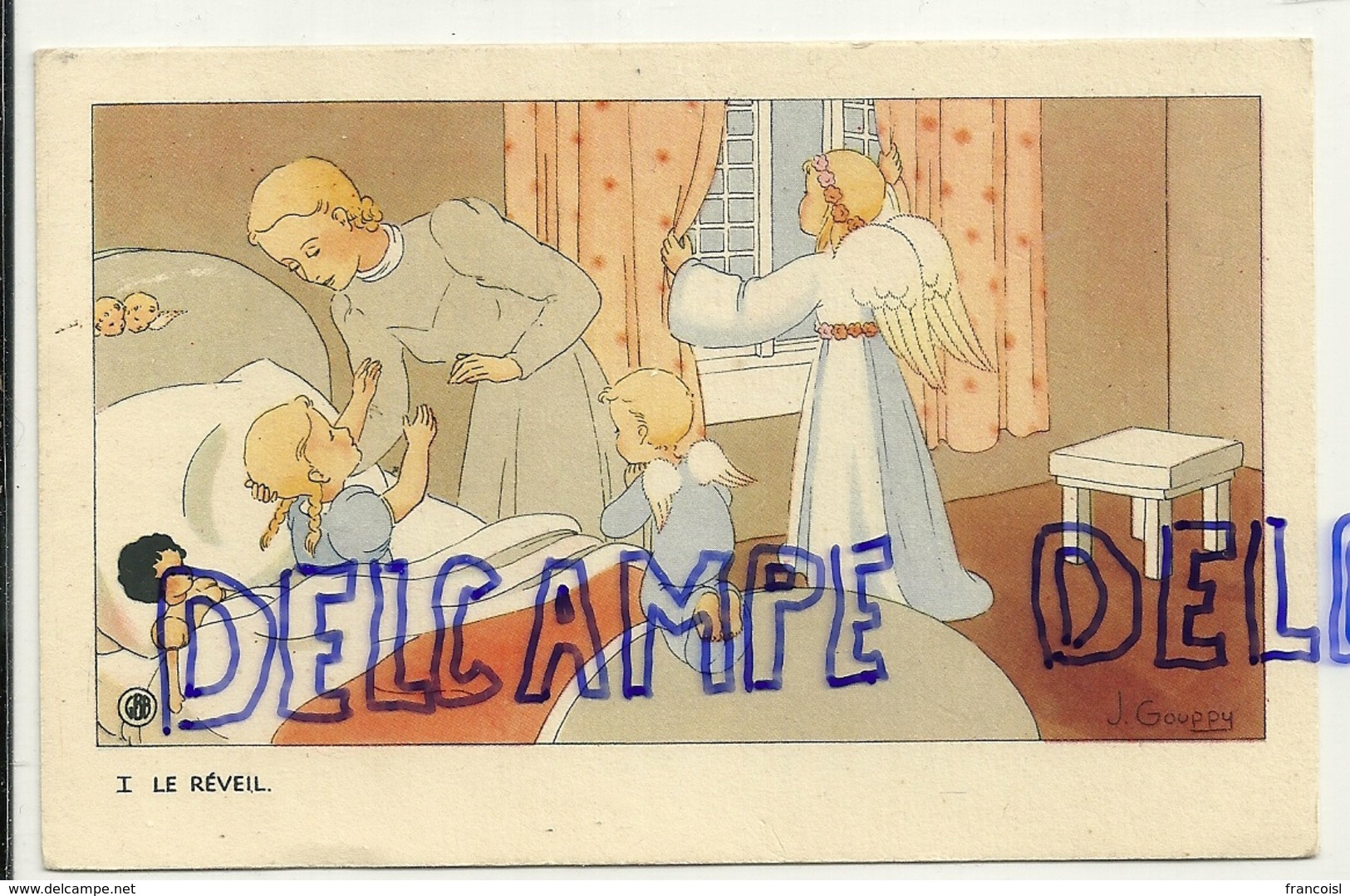 Le Réveil. Petite Fille, Maman, Anges, Poupée. Signée Gouppy. 1946 - Anges