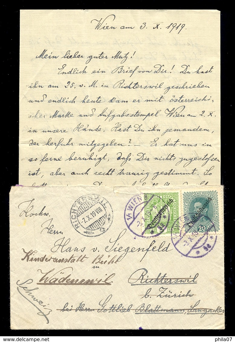 Austria - Letter With Content Sent From Wien To Richterswil And Readdressed To Waldennwil 09.10. 1919 / 3 Scans - Other & Unclassified