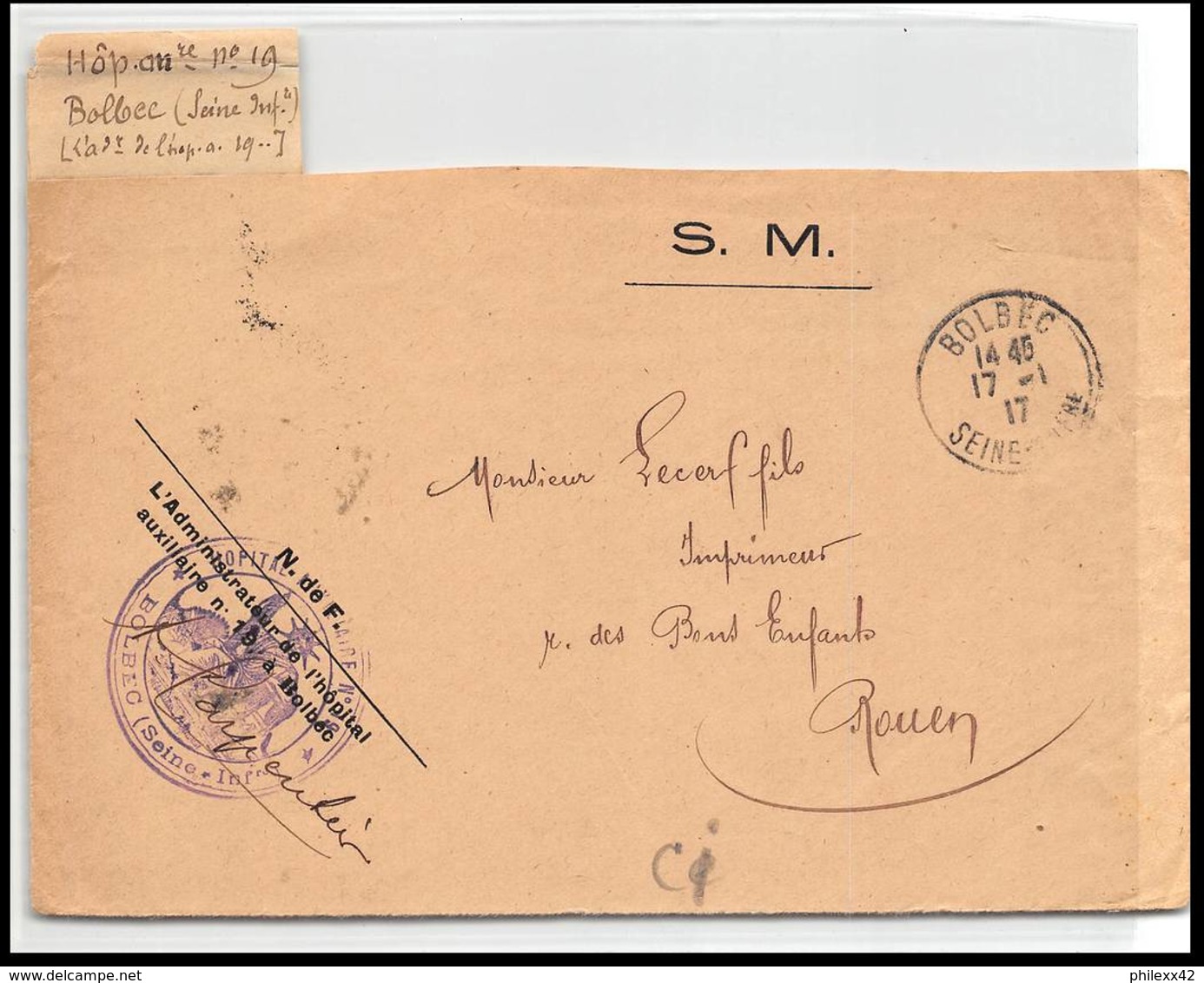 52873 Seine-Maritime Bolbec 1917 Hopital Auxiliaire 19 Sante Guerre 1914/1918 War Devant De Lettre Front Cover - Guerra Del 1914-18