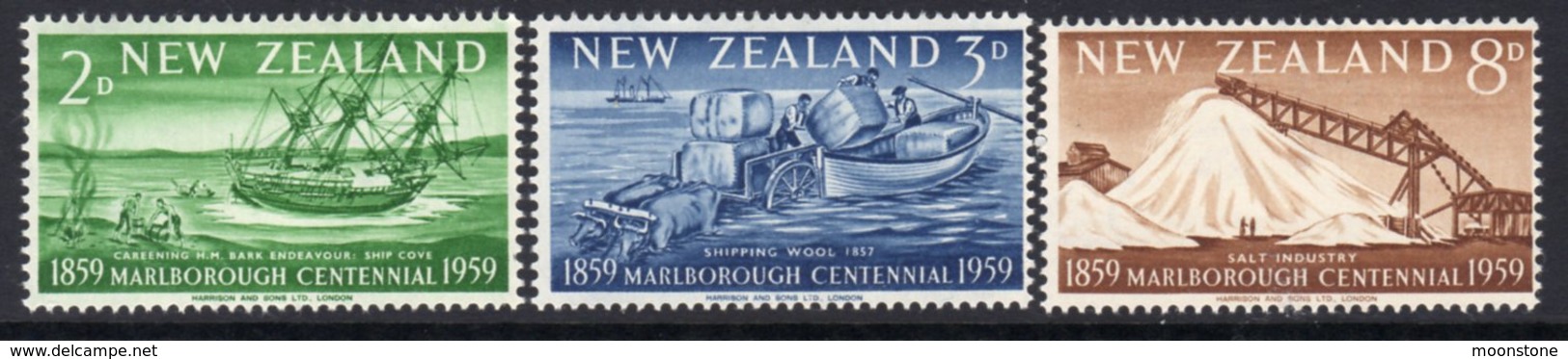 New Zealand 1959 Marlborough Centennial Set Of 3, Hinged Mint, SG 772/4 - Unused Stamps