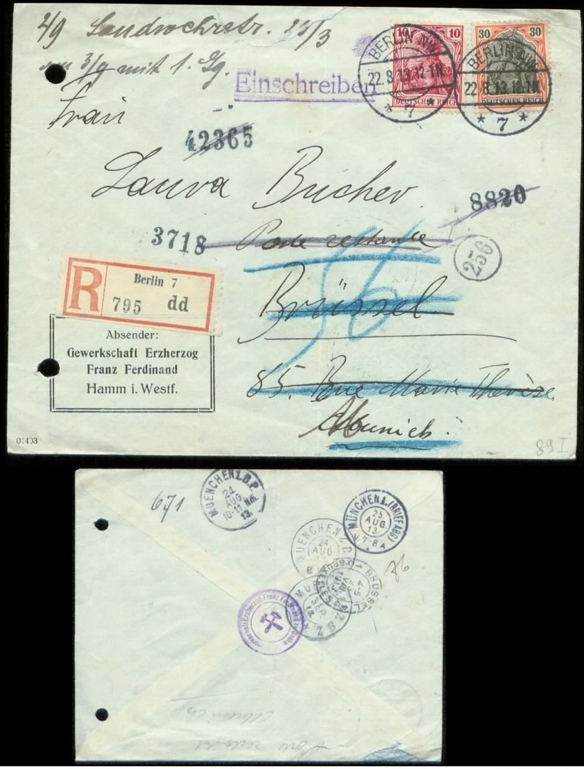 S7853 - DR R - Briefumschlag Gewerkschaft Franz Ferdinand Hamm: Gebraucht Berlin - München - Brüssel 1913 , Bedarfserh - Briefe U. Dokumente