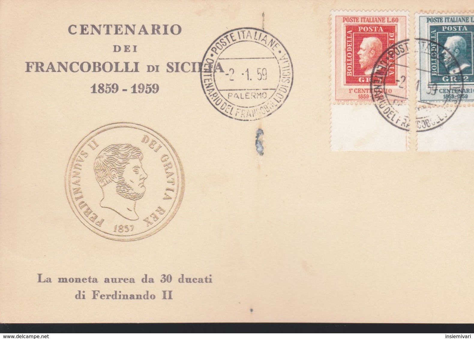 1959 FDC ITALIA CENTENARIO FRANCOBOLLI DI SICILIA.CARTONCINO. - FDC