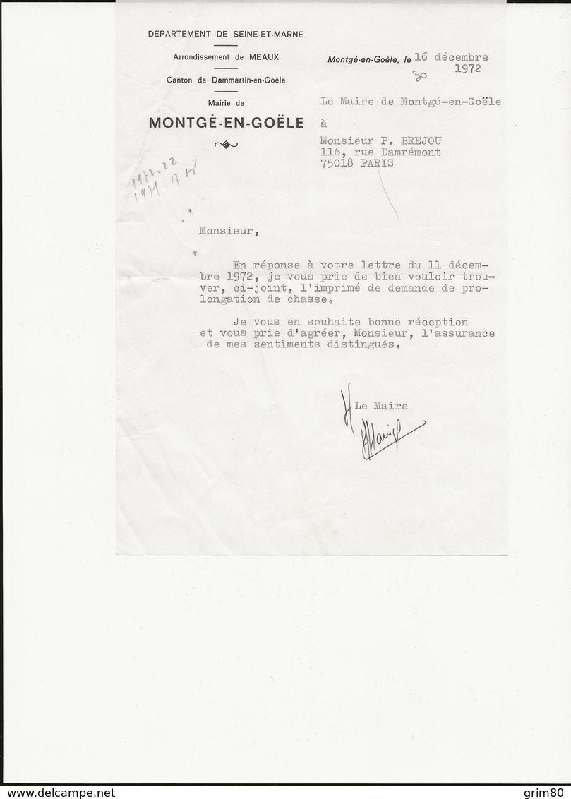 LETTRE    MAIRIE  DE    MONTGE - EN  -GOELE    16 DECEMBRE  1972 - 1950 - ...