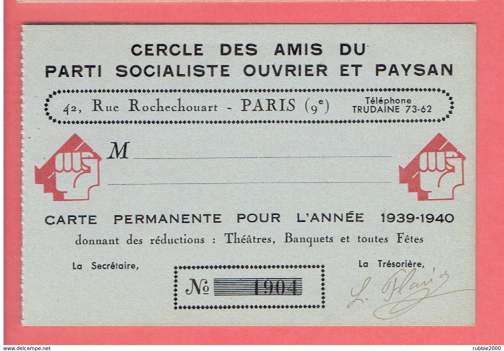 CARTE PERMANENETE ANNEE 1939 1940 CERCLE DES AMIS DU PARTI SOCIALISTE OUVRIER ET PAYSAN - Other & Unclassified