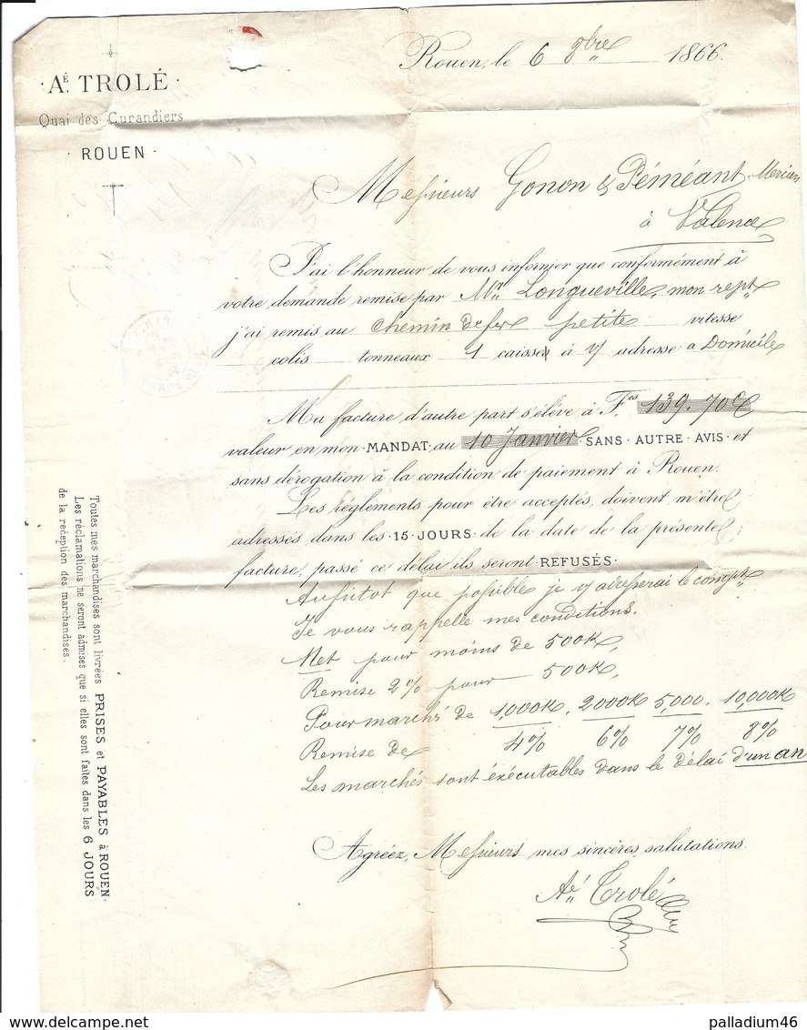 76 FRANCE RARE Facture Lettre - Envoyée De ROUEN Vers VALENCE Drôme Le 06.10.1866 - 1800 – 1899