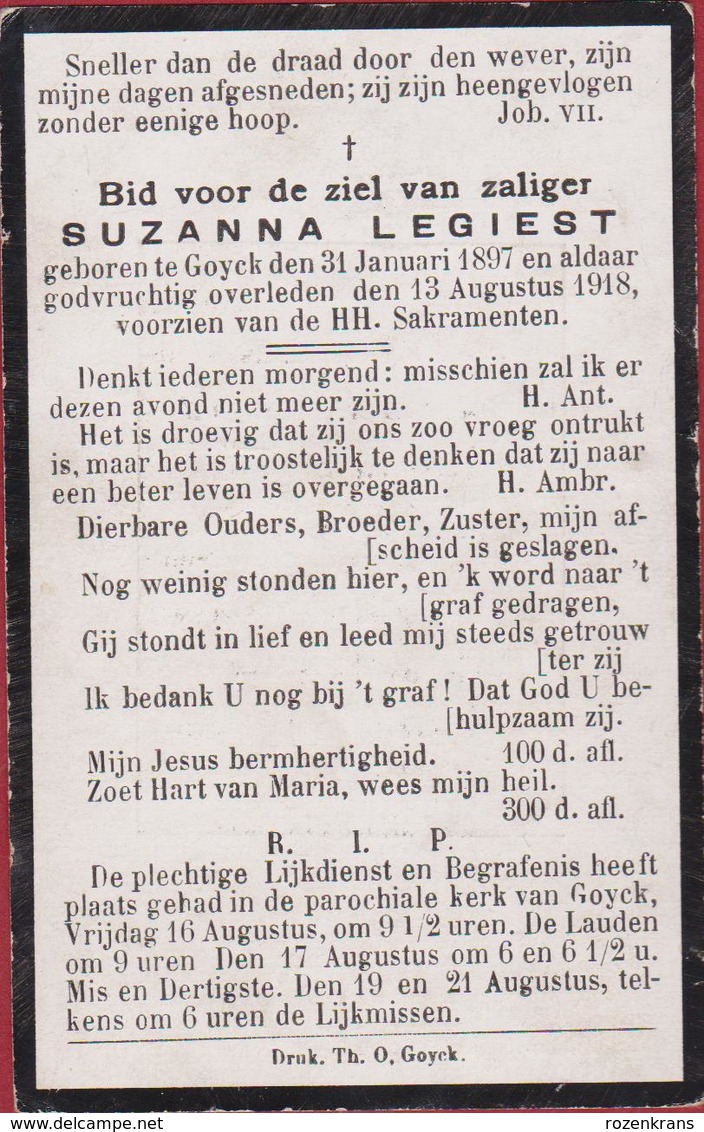 Suzanna Legiest Goyck Gooik Pajottenland 1918 Doodsprentje Bidprentje Image Mortuaire - Devotion Images