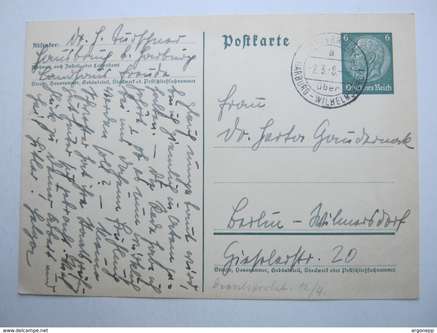 1938 , HAUSBRUCH über Hamburg-Wilhelmsburg , Klarer Landpoststempel Auf Karte - Briefe U. Dokumente