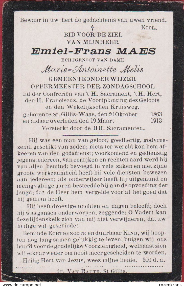 Emiel Maes Melis Gemeenteonderwijzer 1913 St Sint Gillis Waas Waasland Doodsprentje Bidprentje Image Mortuaire - Images Religieuses