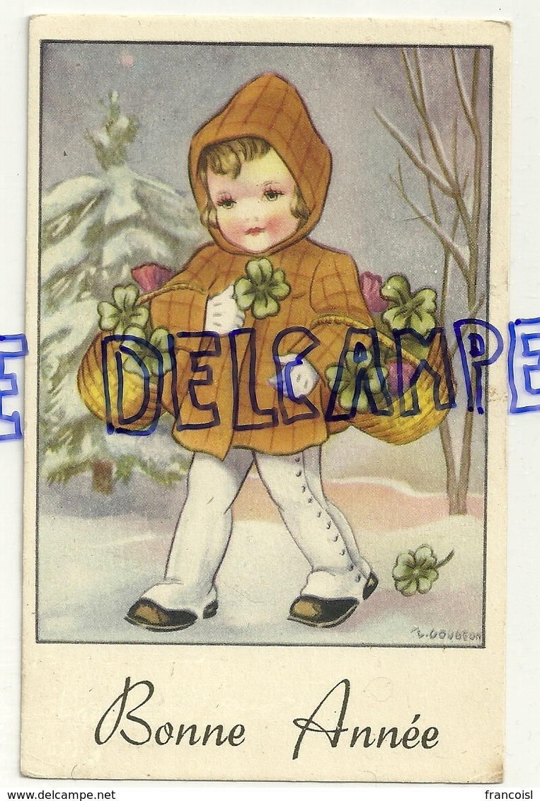 Bonne Année. Petite Fille Dans La Neige, Panier De Trèfles. Signée Gougeon. 1955 - Gougeon