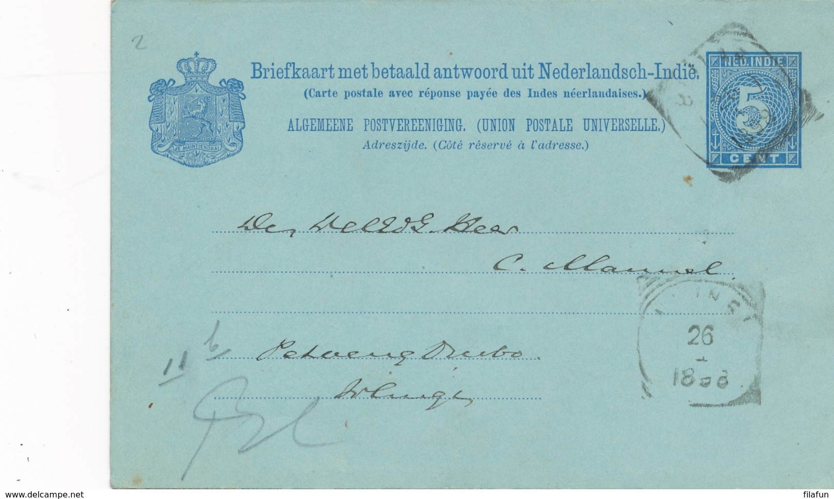 Nederlands Indië - 1898 - 5+5 Cent Cijfer, Briefkaart G11b Van VK Blitar Naar VK Wlingi - India Holandeses